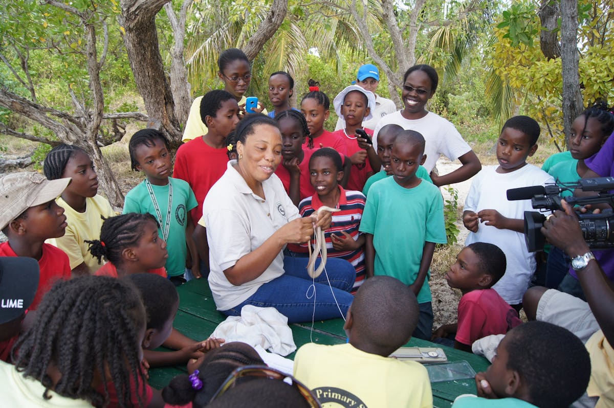 Andrea Otto showing an Antiguan Racer to local children and a film crew. (Tom Aveling/Fauna & Flora International)