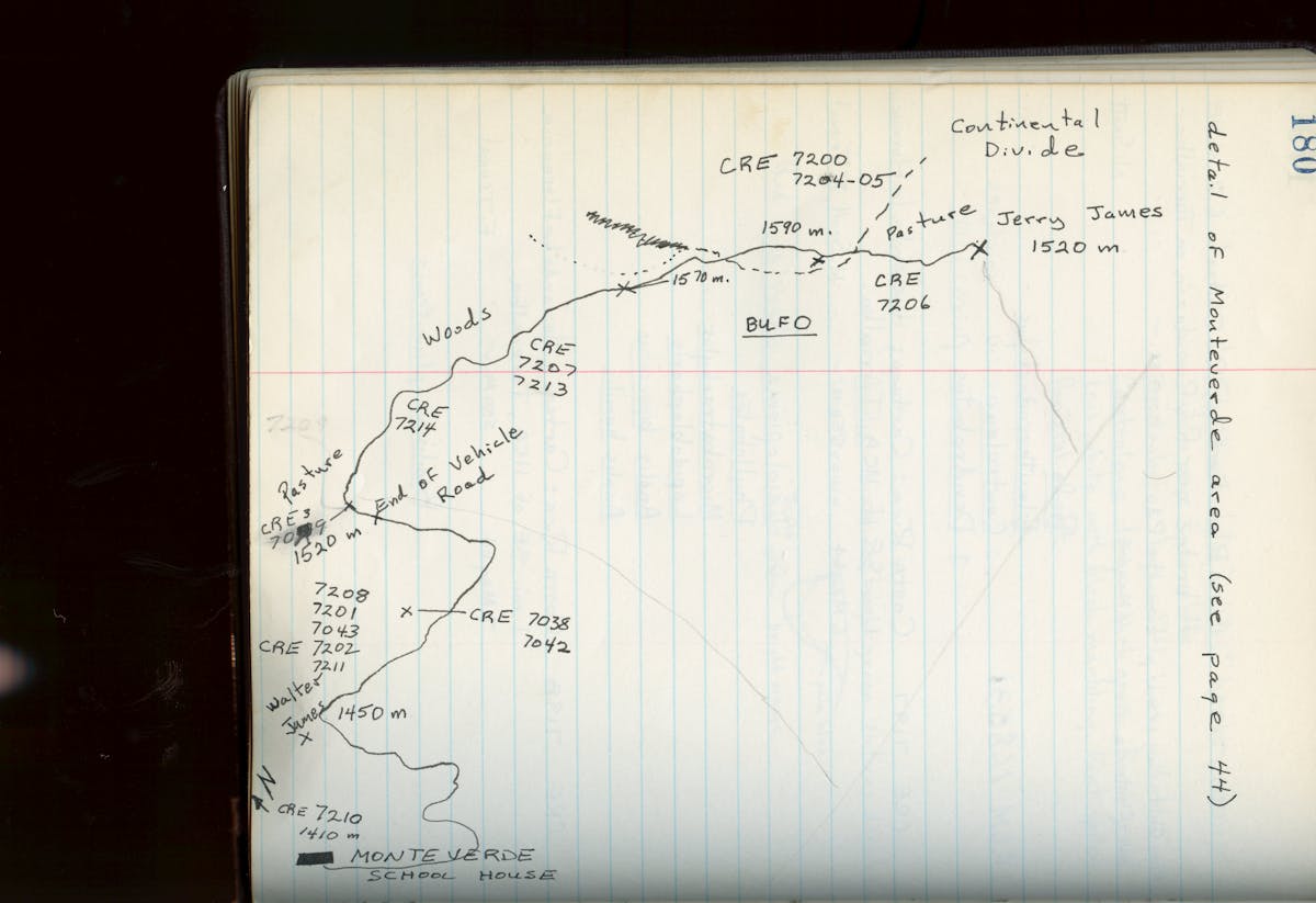 A hand-drawn map from Dr. Jay Savage, who first scientifically described the golden toad. (Photo by Kyle & Trevor Ritland)