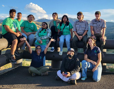 Groundwork Hudson Valley's Green Team spent a week at Yellowstone National Park learning about how to protect special conservation lands alongside highly accomplished ecologists and biologist. Pictured from left to right, top row: Jordan Marji, Ulizes Atlixqueno, Rene Rivera, Abril Perez, Jessy Zhang, and Youth Conservation Corps Youth Leaders. Bottom row: Jhanelle Rahim, Cynthia Acocal-Garcia, and Lily Bartlett. Photo by Miriam Foley, courtesy of Groundwork Hudson Valley.