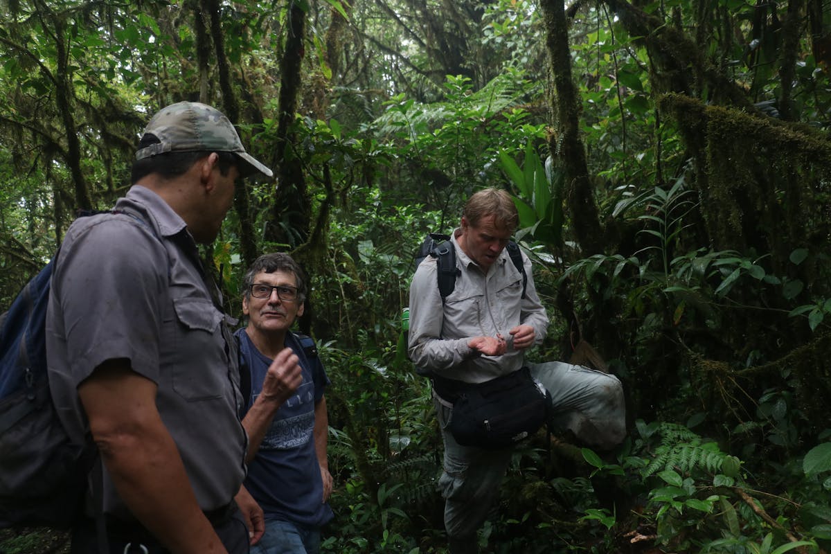 Luis Solano, Eladio Cruz, and Mark Wainwright (left to right) discuss the habitat of the golden toad. (Photo by Kyle & Trevor Ritland)