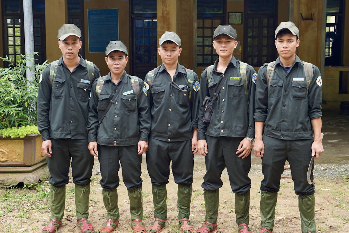 Pictured, from left to right: Forest Guards Dao Viet Thang, Ter Viet Nhan, Le Thanh Tudn (Team Leader), Akieng Nhat Phue, Nquyen Van Treo. Photo by Milo Putnam.