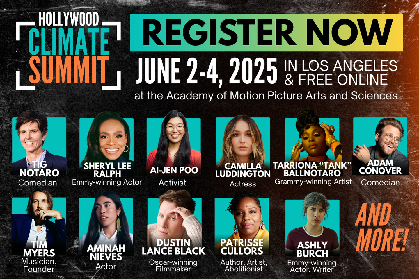 Hollywood Climate Summit promotional graphic. Text displays event dates, location, and features photos and titles of speakers including comedians, artists, activists, and filmmakers.