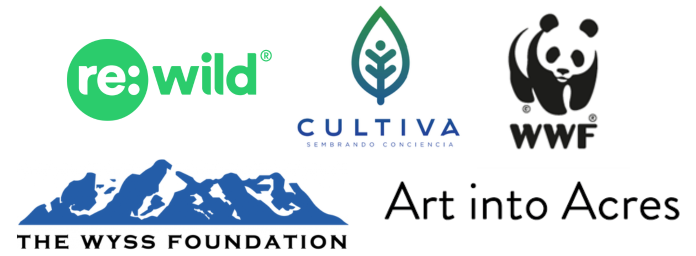 Logos for Re:wild, Cultiva, WWF, The Wyss Foundation, and Art into Acres.