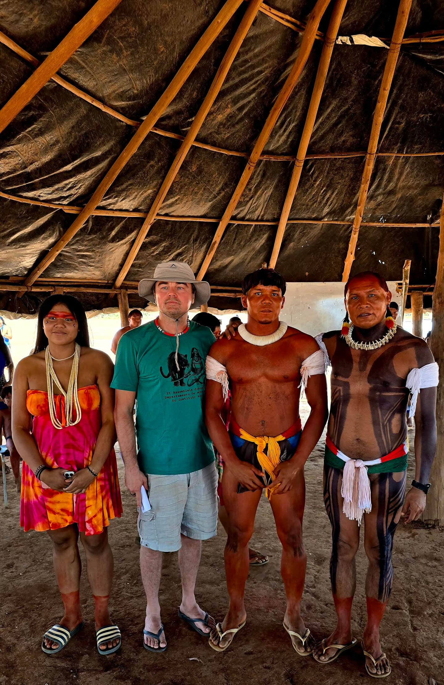 Leonardo DiCaprio with Chief Cacique Tapi Yawalapiti and members of his family. (Photo by Rodrigo Medeiros, Re:wild)